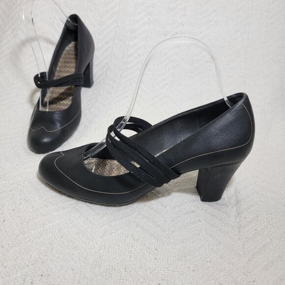 Camper Leather Mary Jane Pumps Heels Black Elastic Strap Size EU 38 US 7.5 - Picture 1 of 14